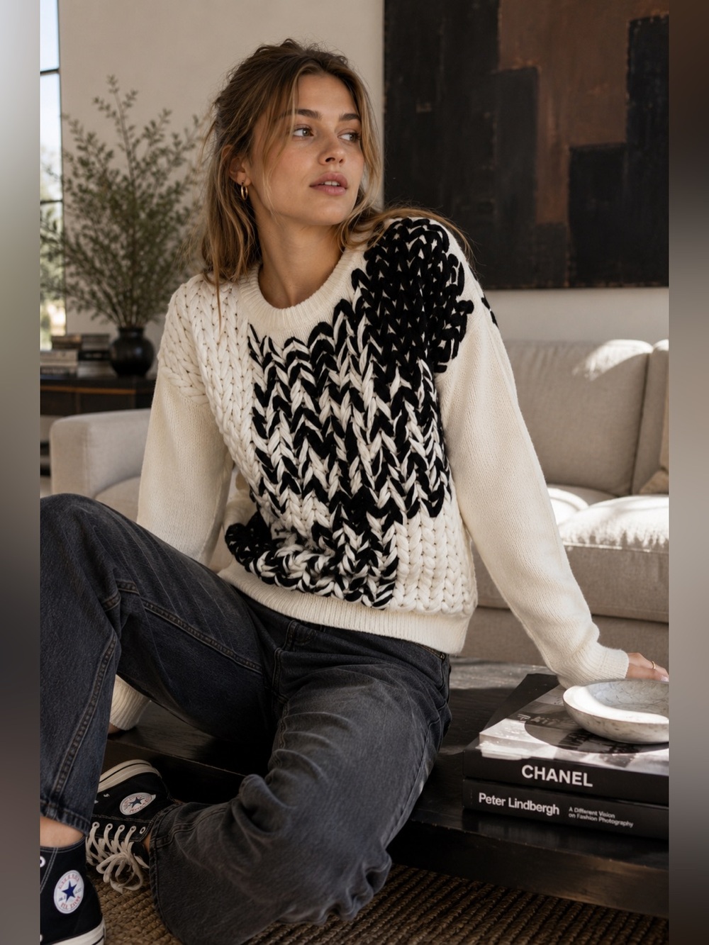 Zara black white and ivory angora blend sweater size M